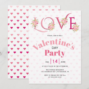 Floral pink LOVE hearts Valentines Day party Invitation