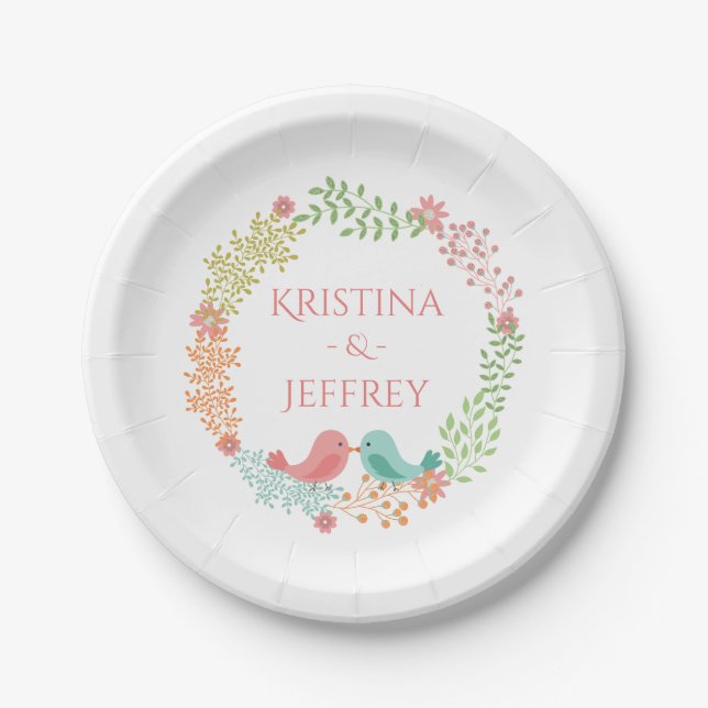 Floral Pink Lovebirds Personalized Wedding Paper Plate (Front)