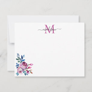 Floral Pink Magenta Teal Blue Rose Peony Monogram Card