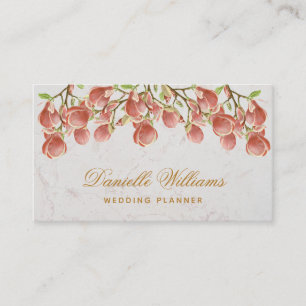 Floral Pink Magnolia  White Marble Golden Script Business Card