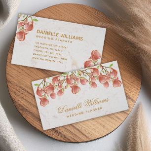 Floral Pink Magnolia  White Marble Golden Script Business Card