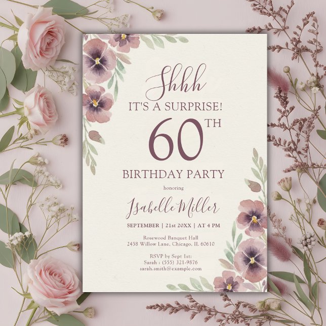 Floral Pink Mauve Surprise 60th Birthday Invitation (Floral Pink Mauve Surprise 60th Birthday Invitation)