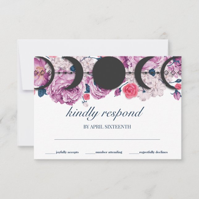 Floral Pink Moon Phase Wicca Handfasting RSVP Card (Front)