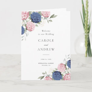 Floral Pink & Navy Blue Hydrangea Folded Wedding Program