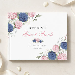Floral Pink & Navy Blue Hydrangea Greenery Wedding Guest Book