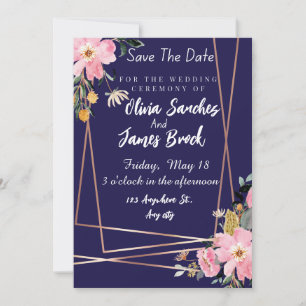 Floral pink Navy Blue Rustic Wedding  Invitation