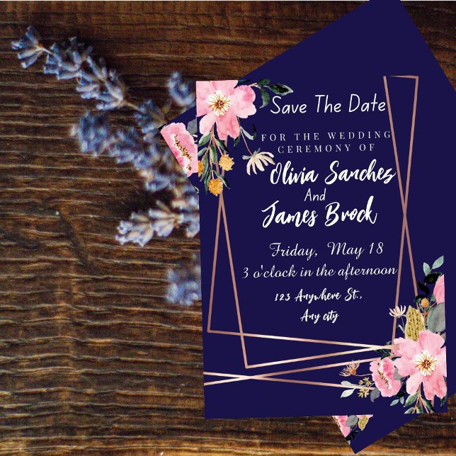 Floral pink Navy Blue Rustic Wedding  Invitation (Creator Uploaded)