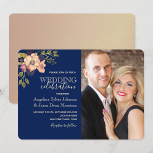Floral Pink Navy Blue Wedding Invitation
