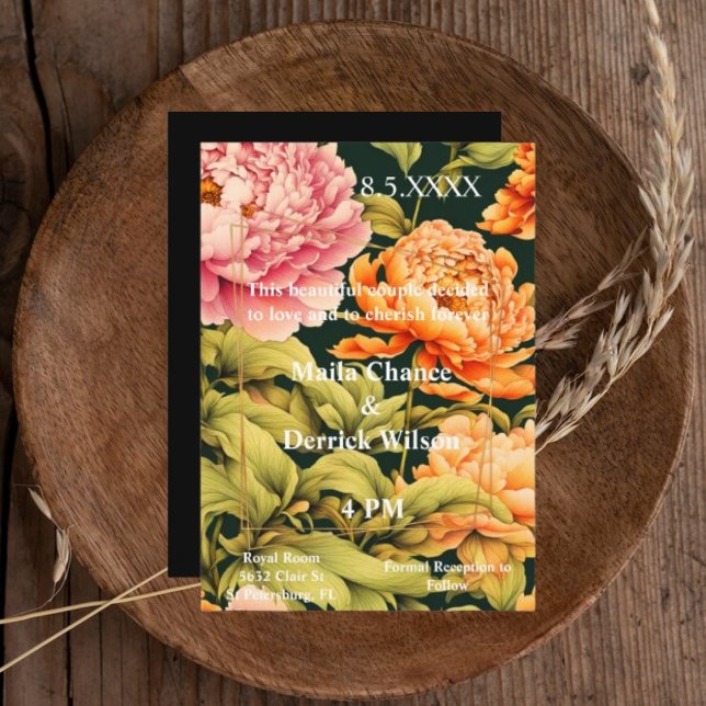 Floral Pink Orange Green Frame Elegant Wedding Invitation (Creator Uploaded)