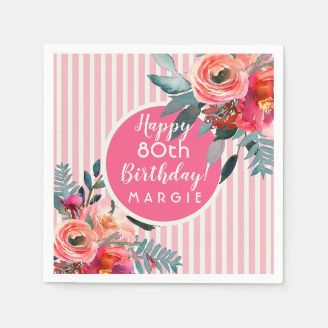 Floral Pink Pastel Stripe 80th Birthday Napkin (Front)