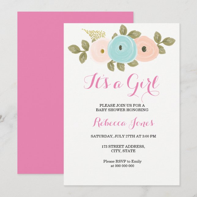Floral Pink Peach Baby Shower Its girl Invitation (Front/Back)
