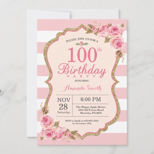 Floral Pink Peonies 100th Birthday Party Invitation (Front)