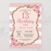 Floral Pink Peonies 13th Birthday Party Invitation