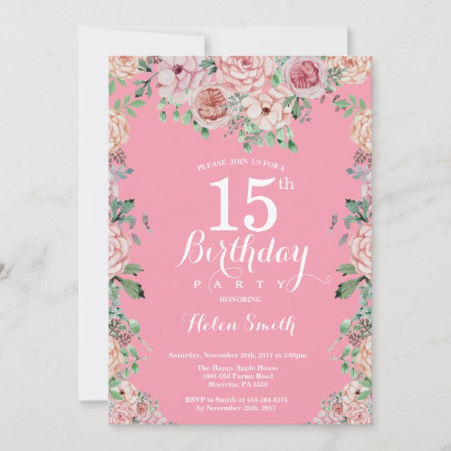 Floral Pink Peonies 15th Birthday Invitation (Front)