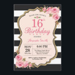 Floral Pink Peonies 16th Birthday Party Invitation<br><div class="desc">Floral Pink Peonies 16th Birthday Party Invitation for Girl. Gold Glitter. Blush Watercolor Floral Flower Chic. Black and White Stripes. 13th 15th 16th 18th 20th 21st 30th 40th 50th 60th 70th 80th 90th 100th, Any Ages. Printable Digital. For further customization, please click the "Customize it" button and use our design...</div>