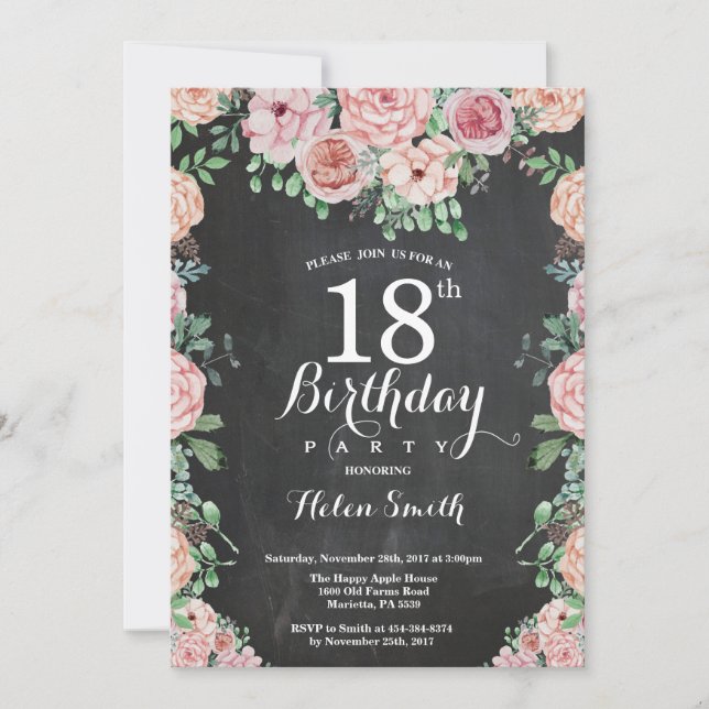 Floral Pink Peonies 18th Birthday Chalkboard Invitation (Front)