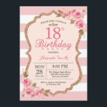 Floral Pink Peonies 18th Birthday Party Invitation<br><div class="desc">Floral Pink Peonies 18th Birthday Party Invitation for women. Gold Glitter. Blush Watercolor Floral Flower Chic. Pink and White Stripes. 13th 15th 16th 18th 20th 21st 30th 40th 50th 60th 70th 80th 90th 100th, Any Ages. Printable Digital. For further customization, please click the "Customize it" button and use our design...</div>