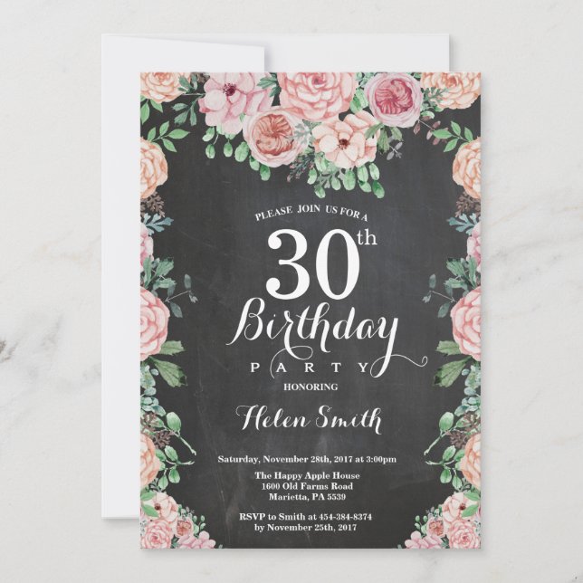 Floral Pink Peonies 30th Birthday Chalkboard Invitation (Front)