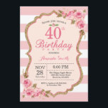 Floral Pink Peonies 40th Birthday Party Invitation<br><div class="desc">Floral Pink Peonies 40th Birthday Party Invitation for women. Gold Glitter. Blush Watercolor Floral Flower Chic. Pink and White Stripes. 13th 15th 16th 18th 20th 21st 30th 40th 50th 60th 70th 80th 90th 100th, Any Ages. Printable Digital. For further customization, please click the "Customize it" button and use our design...</div>
