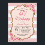 Floral Pink Peonies 40th Birthday Party Invitation<br><div class="desc">Floral Pink Peonies 40th Birthday Party Invitation for women. Gold Glitter. Blush Watercolor Floral Flower Chic. Pink and White Stripes. 13th 15th 16th 18th 20th 21st 30th 40th 50th 60th 70th 80th 90th 100th, Any Ages. Printable Digital. For further customization, please click the "Customize it" button and use our design...</div>