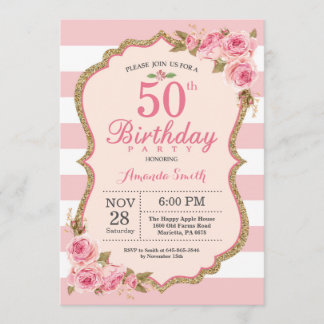 Floral Pink Peonies 50th Birthday Party Invitation