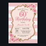 Floral Pink Peonies 60th Birthday Party Invitation<br><div class="desc">Floral Pink Peonies 60th Birthday Party Invitation for women. Gold Glitter. Blush Watercolor Floral Flower Chic. Pink and White Stripes. 13th 15th 16th 18th 20th 21st 30th 40th 50th 60th 70th 80th 90th 100th, Any Ages. Printable Digital. For further customization, please click the "Customize it" button and use our design...</div>
