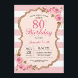Floral Pink Peonies 80th Birthday Party Invitation<br><div class="desc">Floral Pink Peonies 80th Birthday Party Invitation for women. Gold Glitter. Blush Watercolor Floral Flower Chic. Pink and White Stripes. 13th 15th 16th 18th 20th 21st 30th 40th 50th 60th 70th 80th 90th 100th, Any Ages. Printable Digital. For further customization, please click the "Customize it" button and use our design...</div>