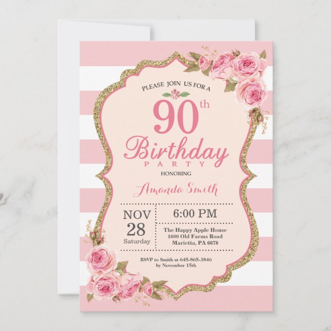 Floral Pink Peonies 90th Birthday Party Invitation (Front)