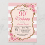 Floral Pink Peonies 90th Birthday Party Invitation<br><div class="desc">Floral Pink Peonies 90th Birthday Party Invitation for women. Gold Glitter. Blush Watercolor Floral Flower Chic. Pink and White Stripes. 13th 15th 16th 18th 20th 21st 30th 40th 50th 60th 70th 80th 90th 100th, Any Ages. Printable Digital. For further customization, please click the "Customize it" button and use our design...</div>