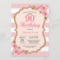 Floral Pink Peonies 90th Birthday Party Invitation
