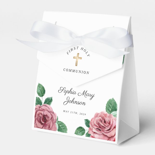 Floral Pink Peonies Girl Religious First Communion Favor Box (Front Side)