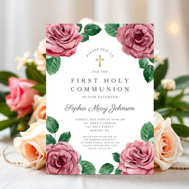 Floral Pink Peonies Girl Religious First Communion Invitation (Floral Pink Peonies Girl Religious First Communion Invitation)
