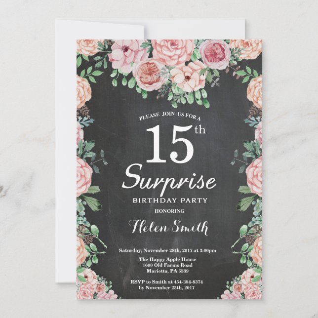 Floral Pink Peonies Surprise 15th Birthday Invitation (Front)