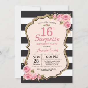 Floral Pink Peonies Surprise 16th Birthday Party Invitation