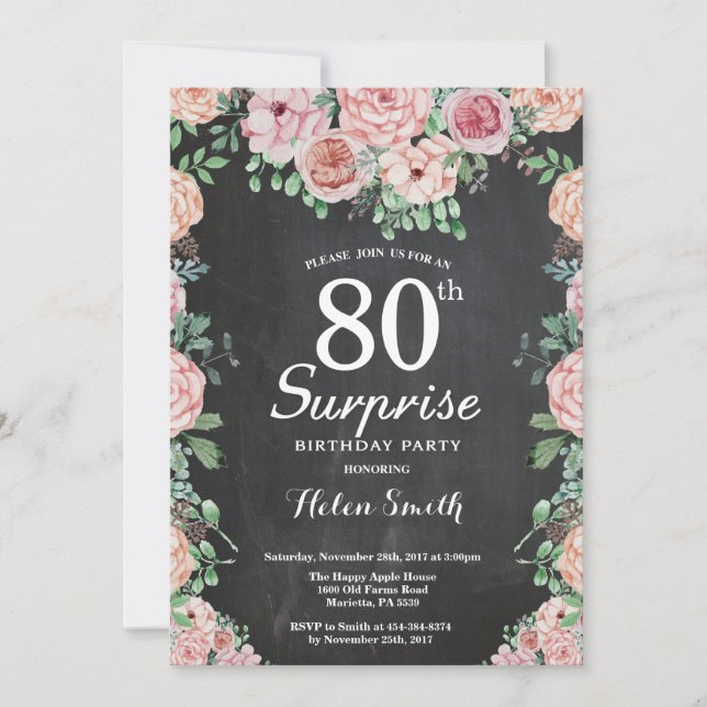 Floral Pink Peonies Surprise 80th Birthday Invitation (Front)