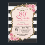 Floral Pink Peonies Surprise 80th Birthday Party Invitation<br><div class="desc">Floral Pink Peonies Surprise 80th Birthday Party Invitation for women. Gold Glitter. Blush Watercolor Floral Flower Chic. Black and White Stripes. 13th 15th 16th 18th 20th 21st 30th 40th 50th 60th 70th 80th 90th 100th, Any Ages. Printable Digital. For further customization, please click the "Customize it" button and use our...</div>