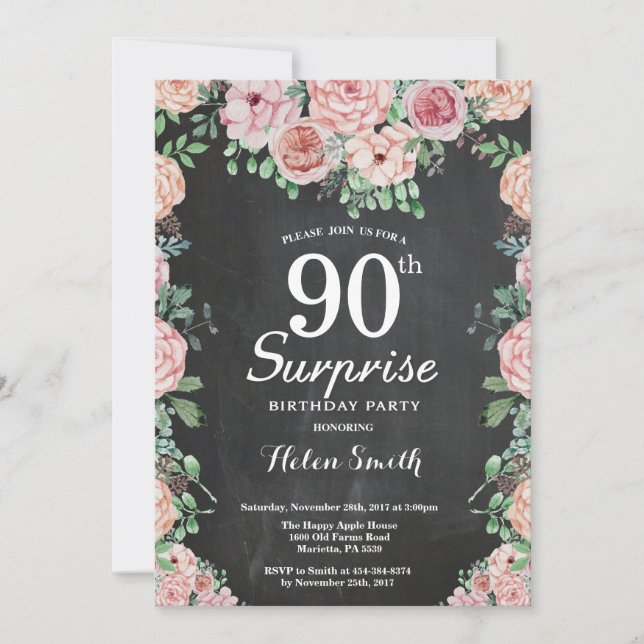 Floral Pink Peonies Surprise 90th Birthday Invitation (Front)