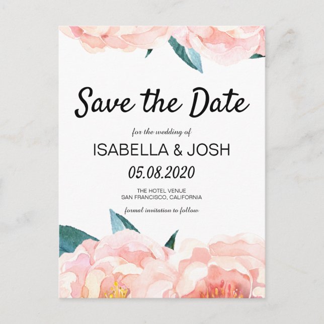 Floral Pink Peony Boho Save the Date Announcement Postcard (Front)