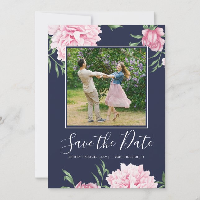 Floral Pink Peony Botanical Navy Elegant Photo Save The Date (Front)