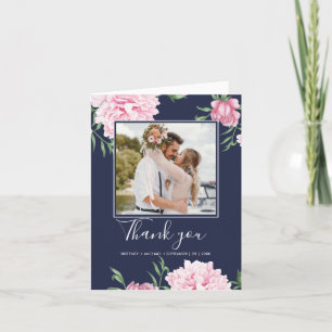 Floral Pink Peony Botanical Photo Elegant Navy Tha Thank You Card