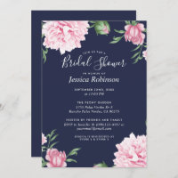 Floral Pink Peony Navy Background Bridal Shower