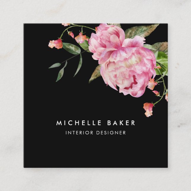 Floral Pink Peony Watercolor Black Square Business Card (Front)