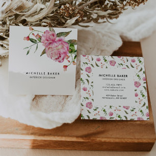 Floral Pink Peony Watercolor Square Business Card