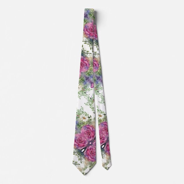 Floral Pink Peony Watercolor Tie White Background (Front)