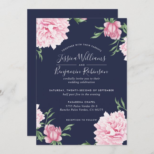 Floral Pink Peony with Navy Background Wedding Invitation (Front/Back)