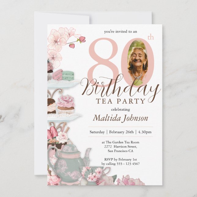 Floral Pink Photo Tea Party 80th Birthday Invitation (Front)