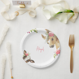 Floral Pink Pony & Cow  Baby Shower White Paper Plate