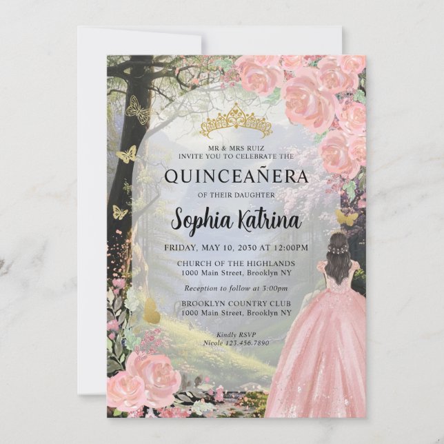Floral Pink Princess Forest Birthday Quinceanera Invitation (Front)