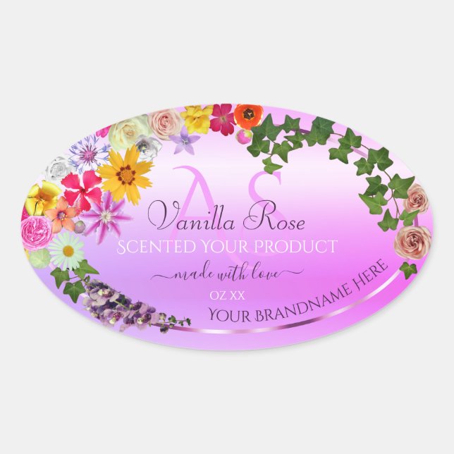 Floral Pink Purple Gradient Product Label Monogram (Front)