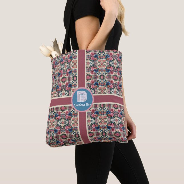 Floral Pink Purple Red Blue Plaid Monogrammed  Tote Bag (Close Up)